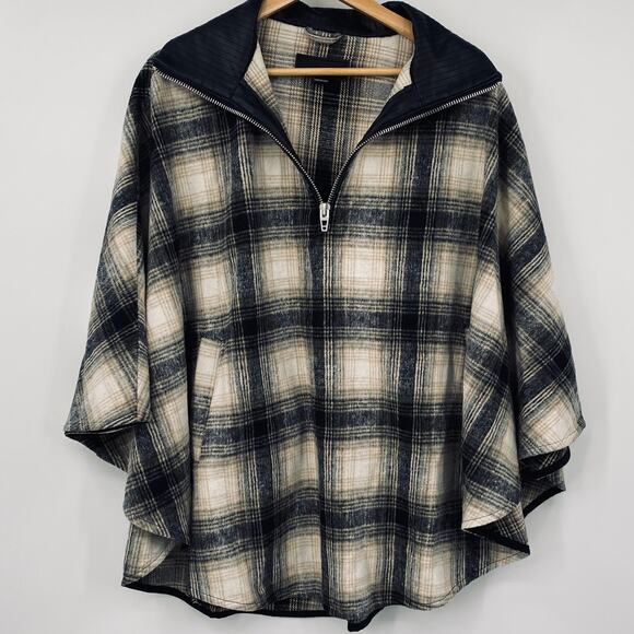 BLANKNYC Plaid Poncho Jacket Partial Zip Faux Leather Collar Black Tan One Size - Picture 2 of 8